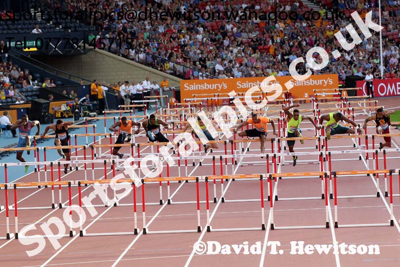 Williamm Sharman wins the 110 metres hurdles at the Glasgow Diamond League. Photo: David T. Hewitson/Sports for All Pics